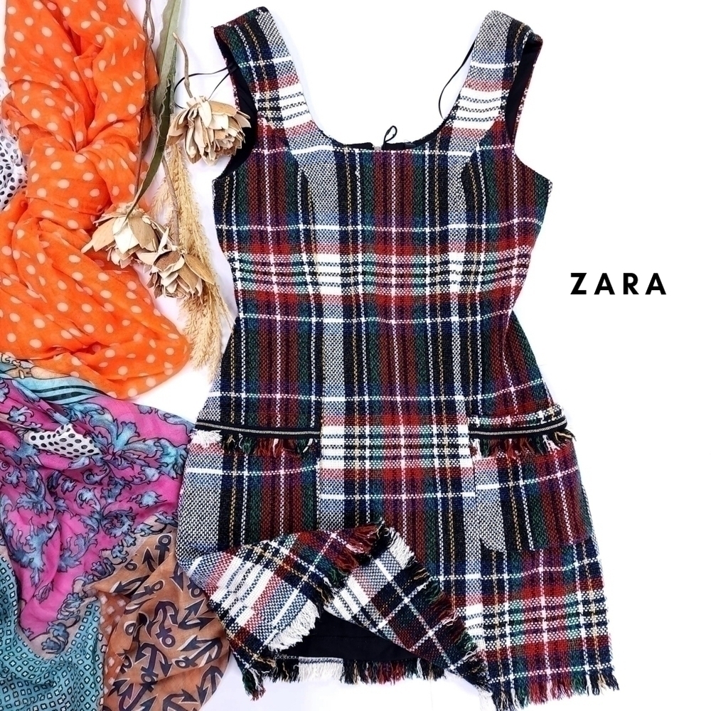ZARA Blue Green Gray Red Plaid Woven Fringed Dress Sz S